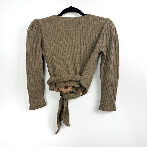 Revolve Majorelle Damien Ribbed Cropped Wrap Sweater in Mocha Brown Sz XS - Picture 10 of 12